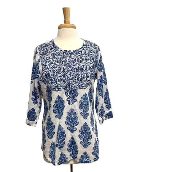 Anokhi Block Printed Indigo 3/4 Sleeve Blouse Top Blue White size Large - Picture 1 of 8